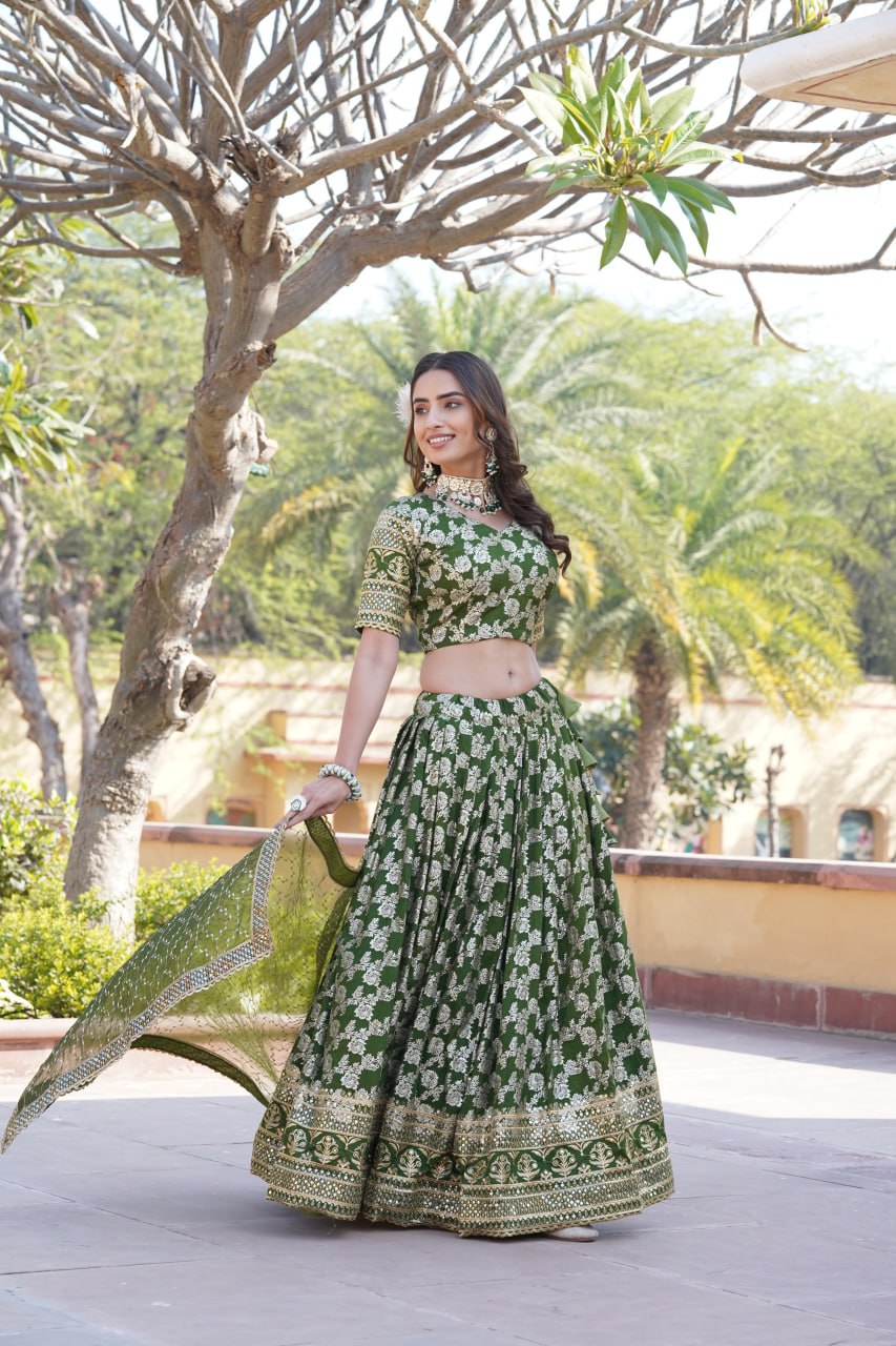 Flattering Green Color Jacquard Embroidered Lehenga Choli