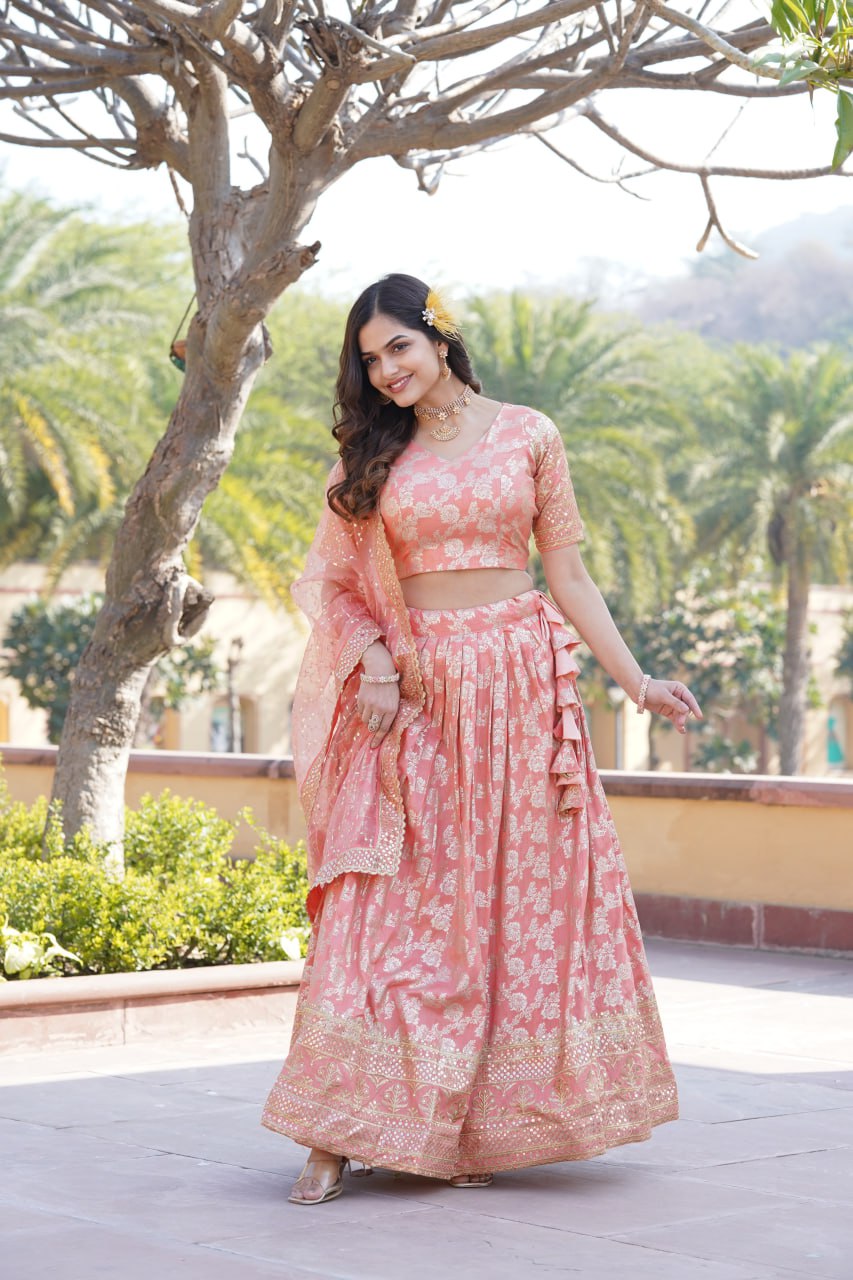 Flattering Peach Color Jacquard Embroidered Lehenga Choli