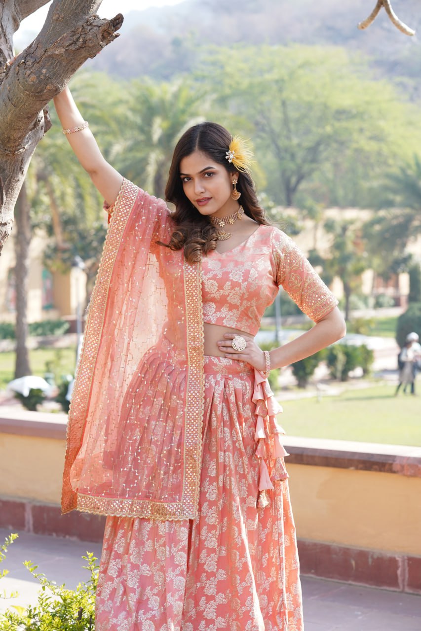 Flattering Peach Color Jacquard Embroidered Lehenga Choli