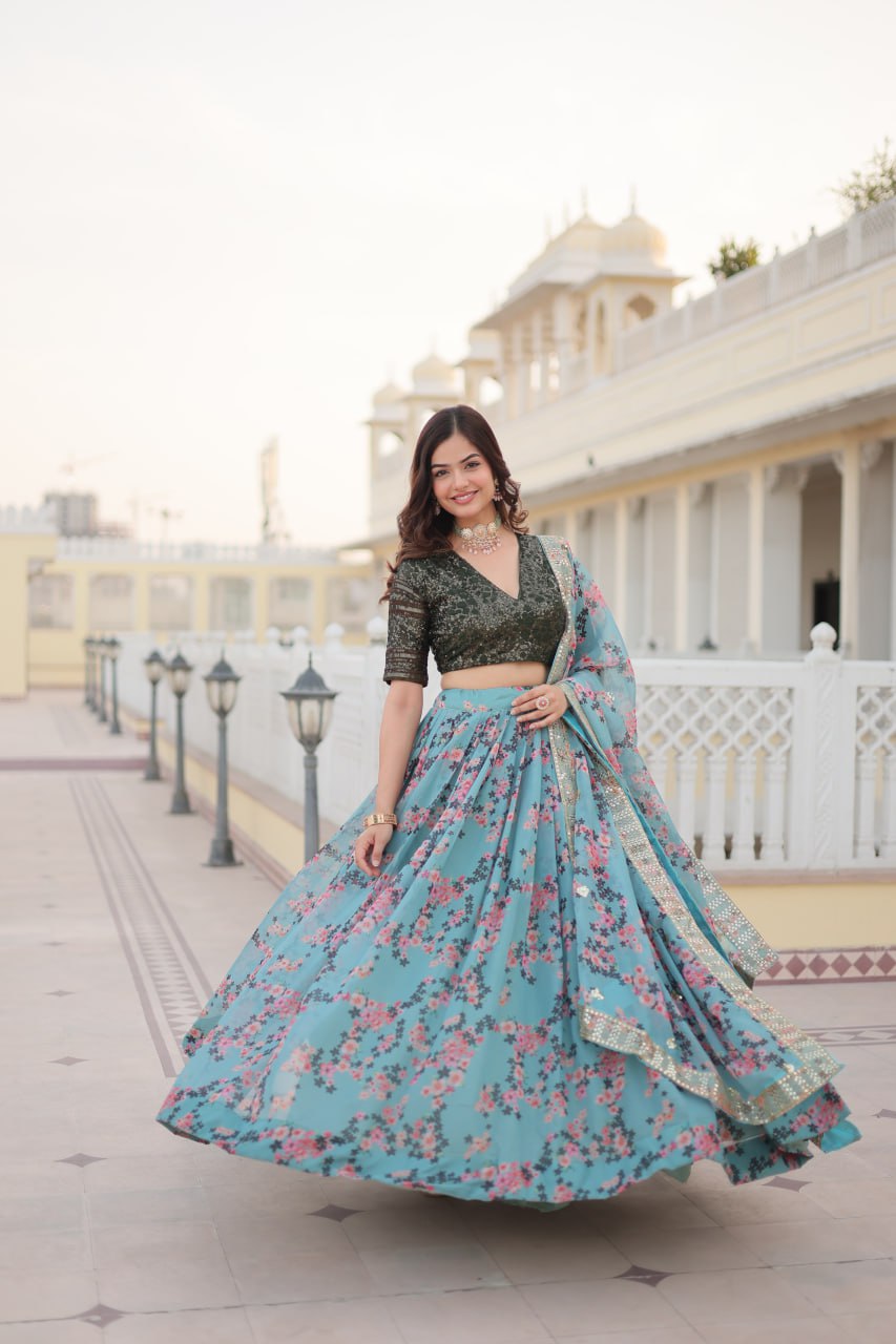 Elegant Sky Blue Printed Lehenga With Heavy Sequence Blouse