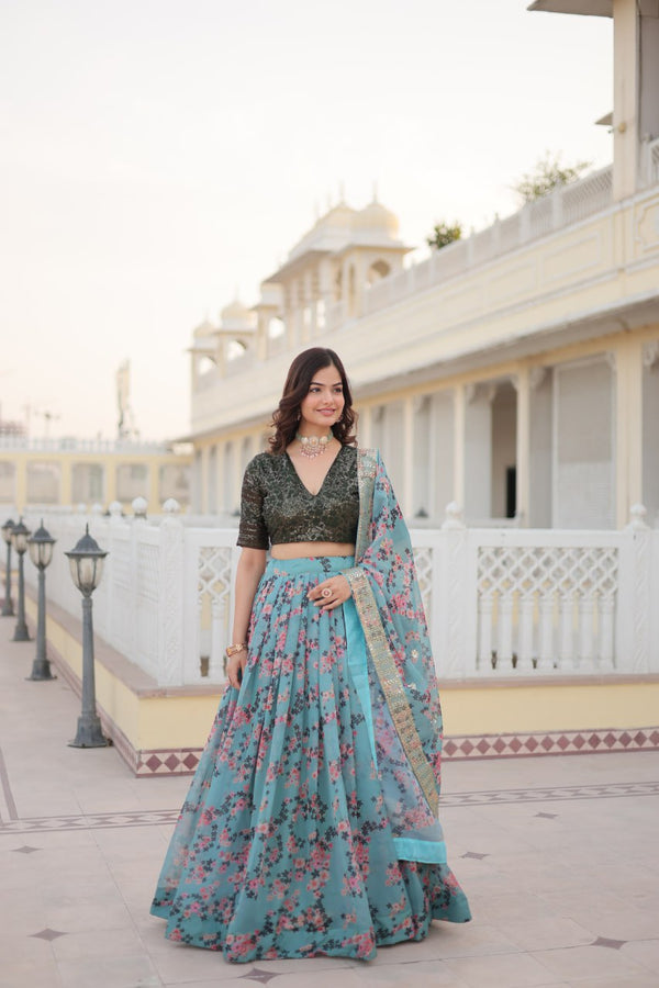 Elegant Sky Blue Printed Lehenga With Heavy Sequence Blouse