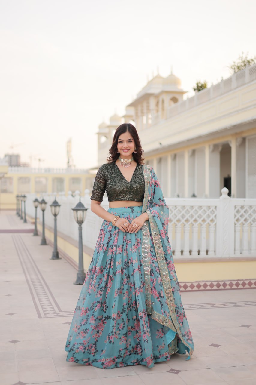 Elegant Sky Blue Printed Lehenga With Heavy Sequence Blouse