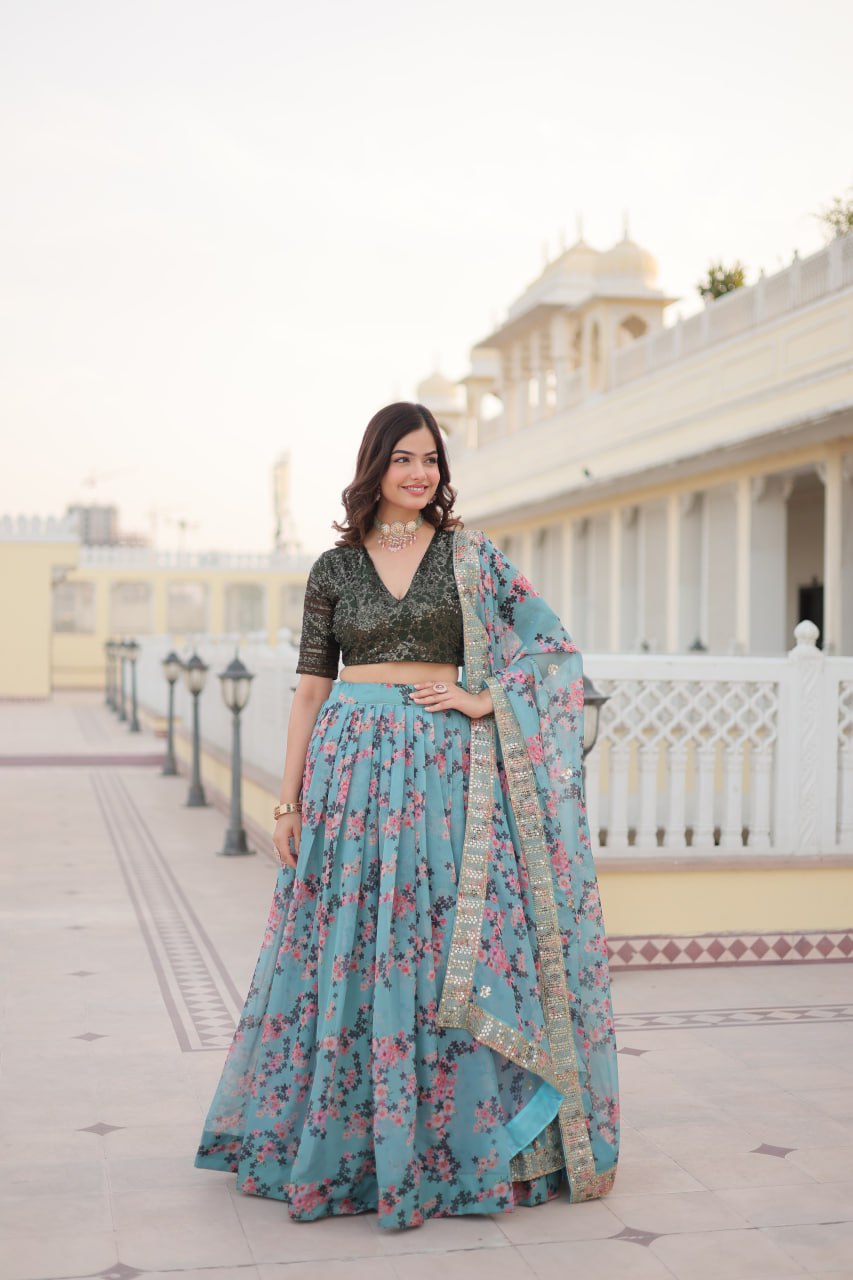 Elegant Sky Blue Printed Lehenga With Heavy Sequence Blouse