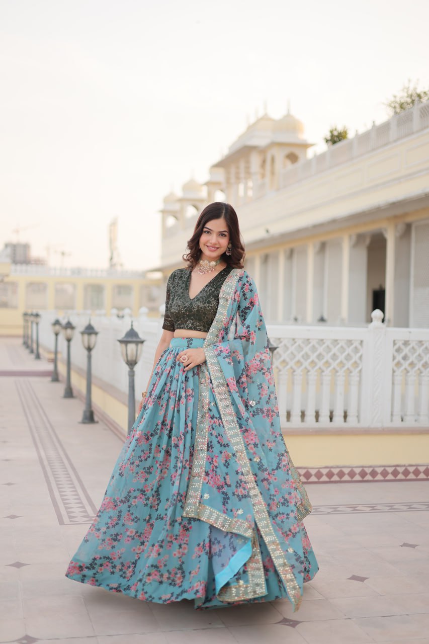 Elegant Sky Blue Printed Lehenga With Heavy Sequence Blouse