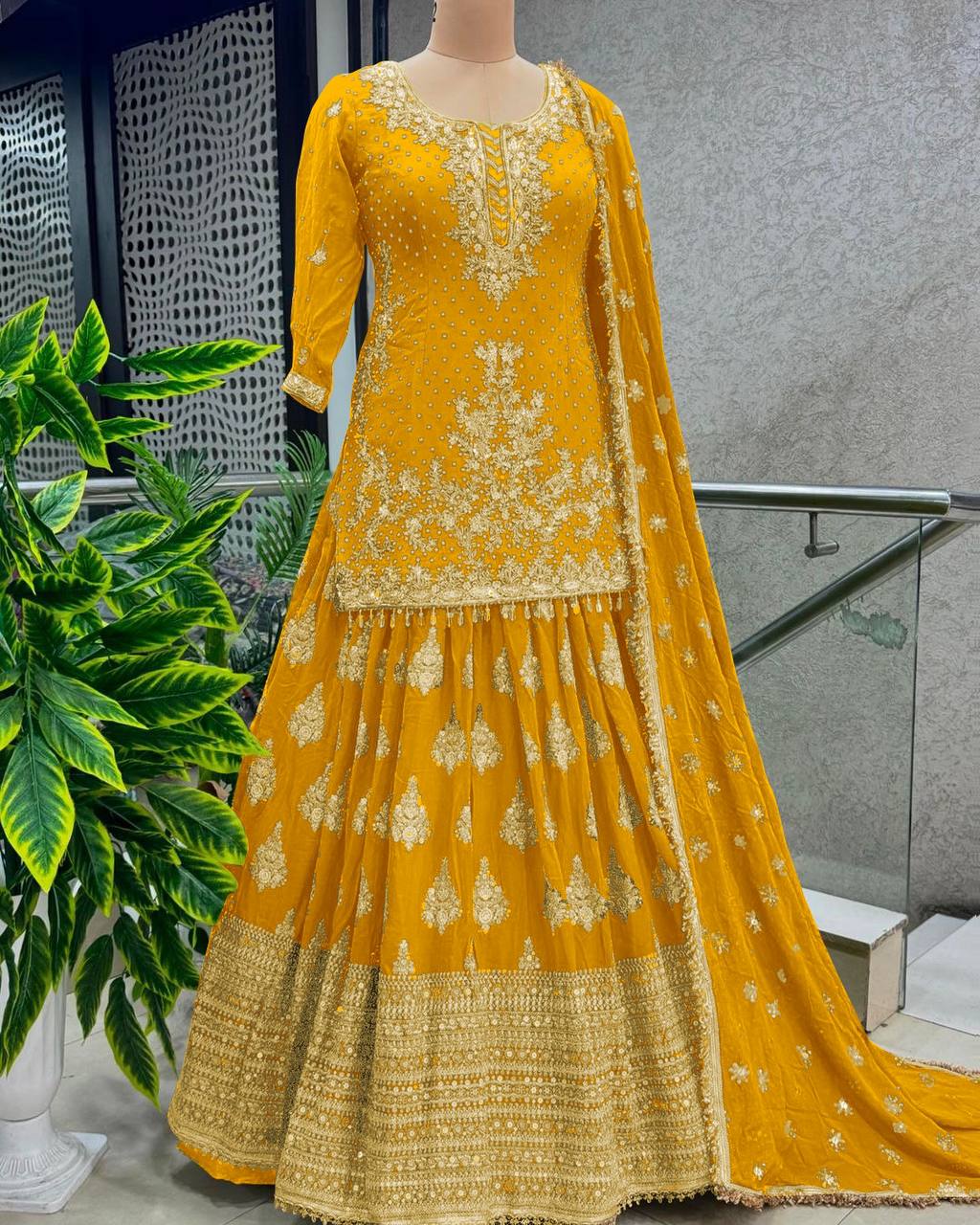 Yellow Ceremony Wear Embroidery Work Lehenga With Top