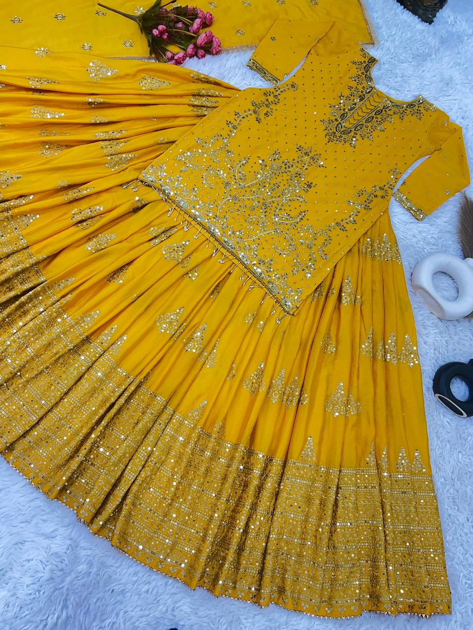 Yellow Ceremony Wear Embroidery Work Lehenga With Top