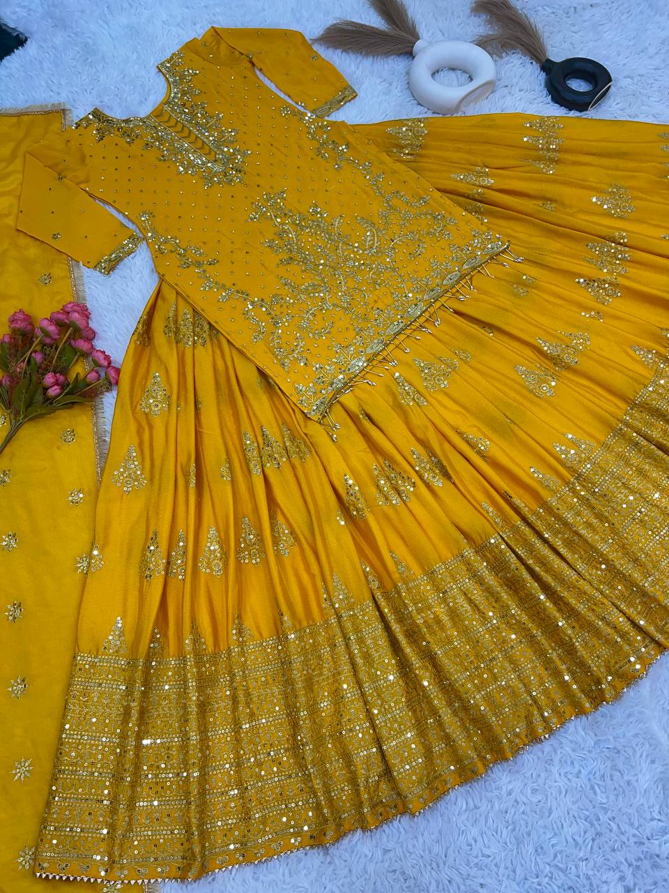 Yellow Ceremony Wear Embroidery Work Lehenga With Top