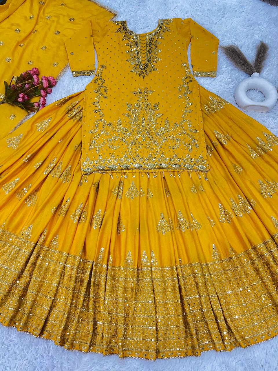 Yellow Ceremony Wear Embroidery Work Lehenga With Top