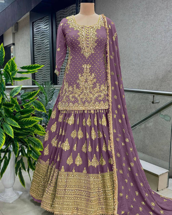 Dusty Pink Ceremony Wear Embroidery Work Lehenga With Top