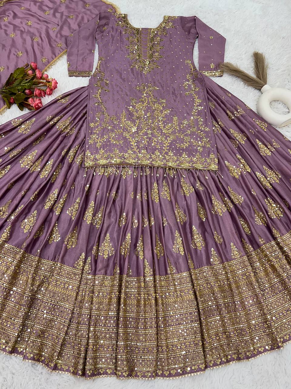 Dusty Pink Ceremony Wear Embroidery Work Lehenga With Top