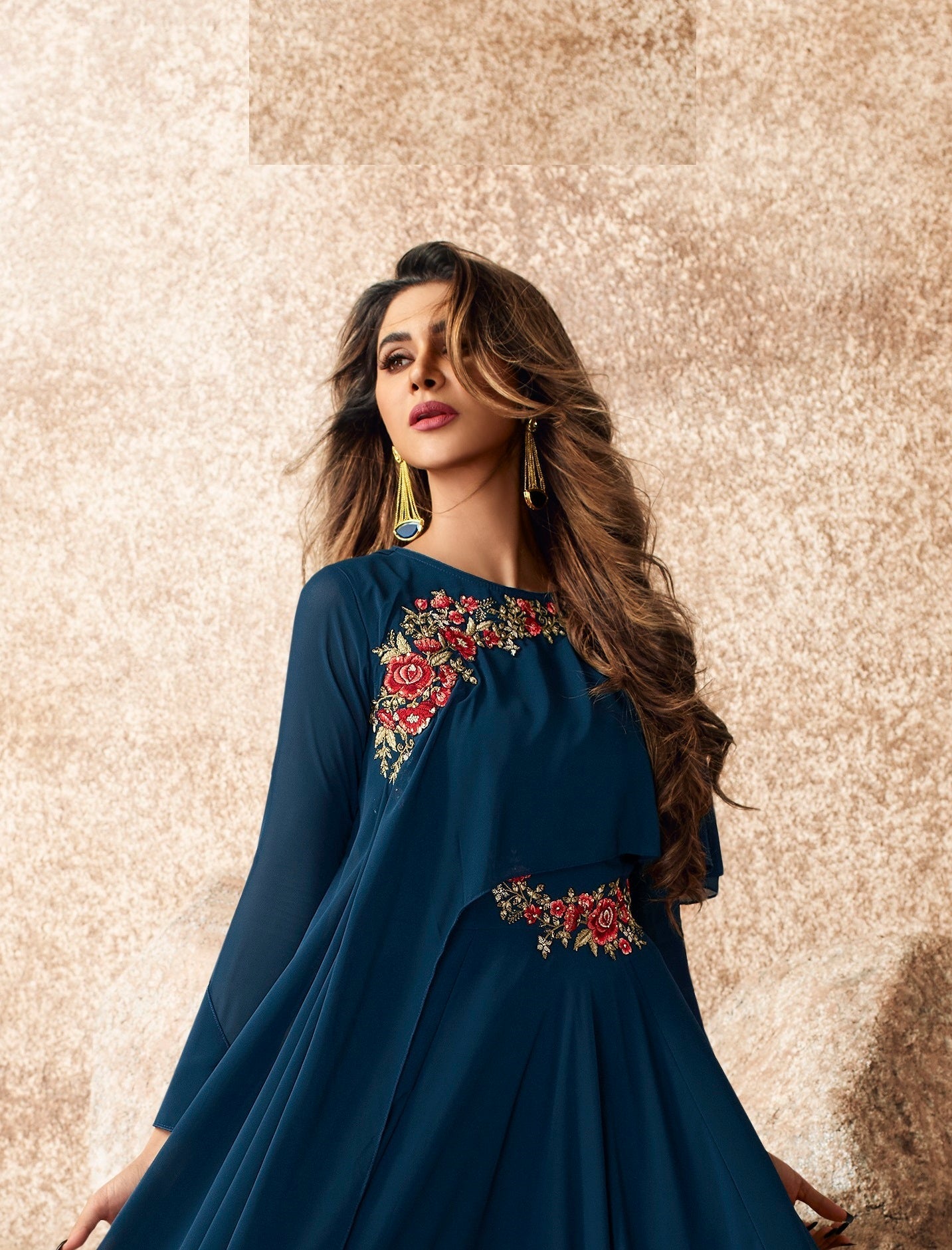 Fancy Blue Color Embroidered Work Georgette Gown