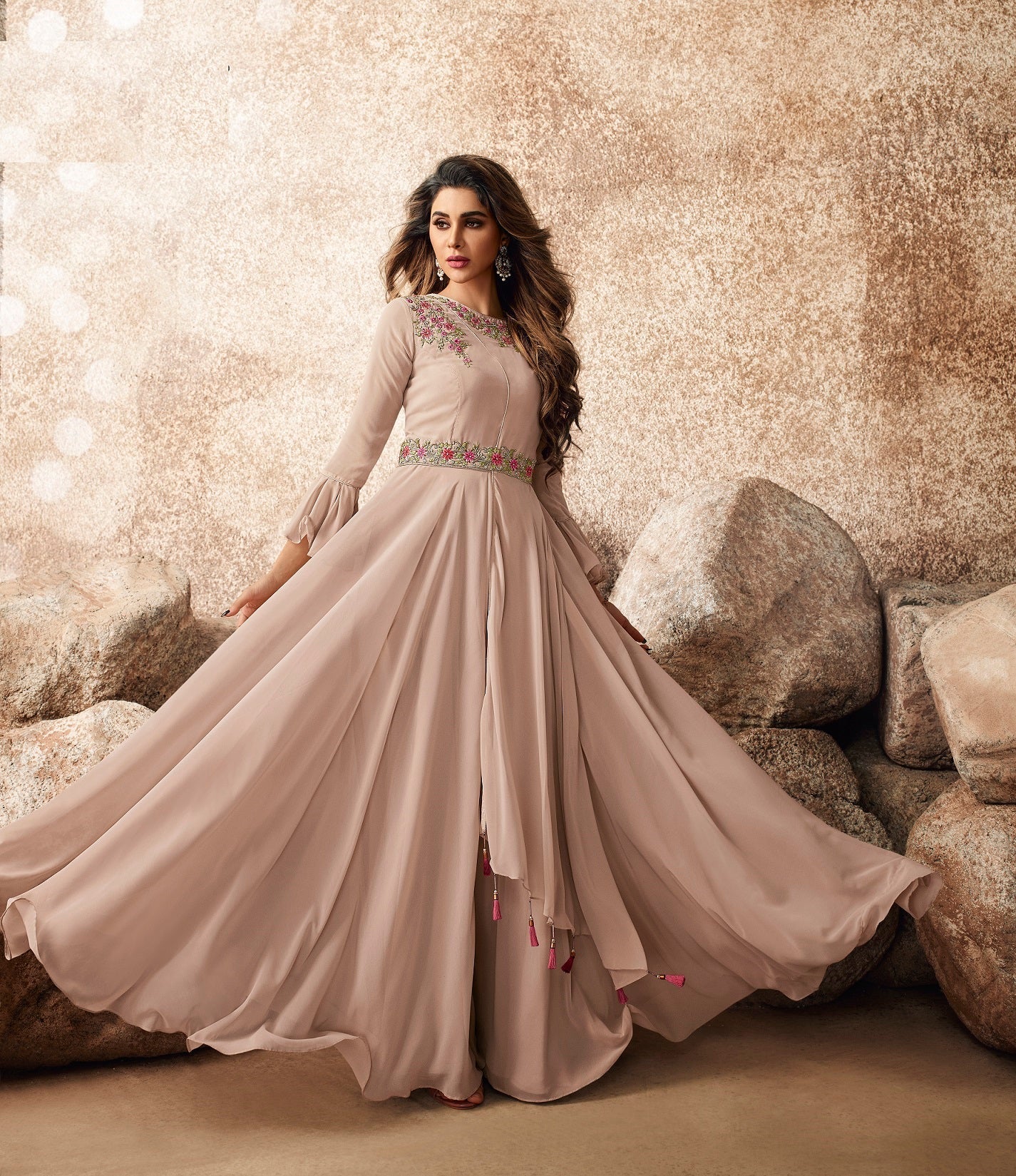 Fancy Beige Color Embroidered Work Georgette Gown