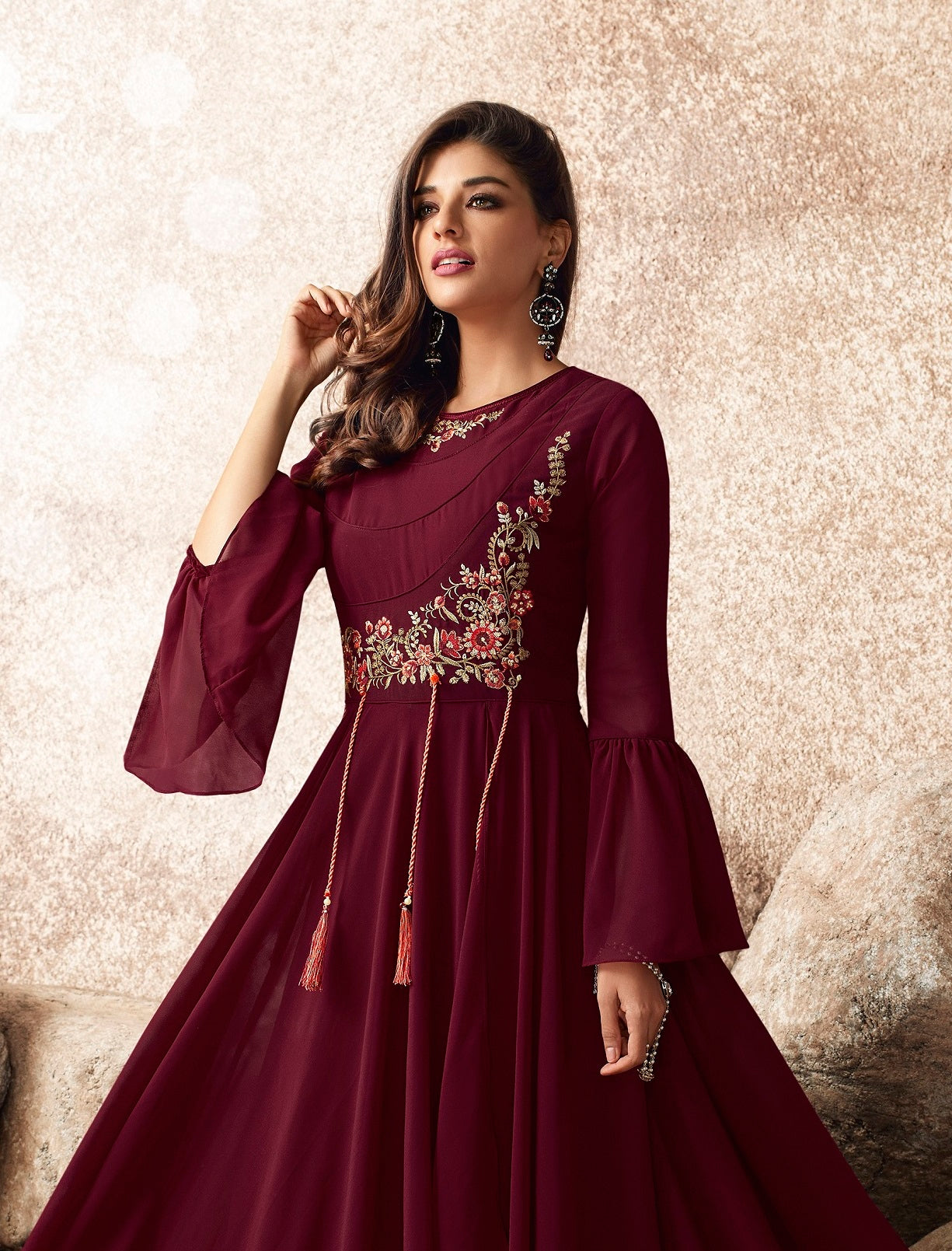 Fancy Maroon Color Embroidered Work Georgette Gown