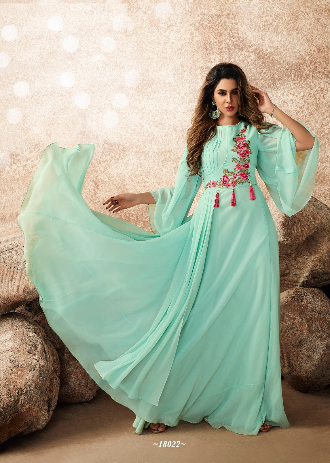 Fancy Aqua Green Color Embroidered Work Georgette Gown