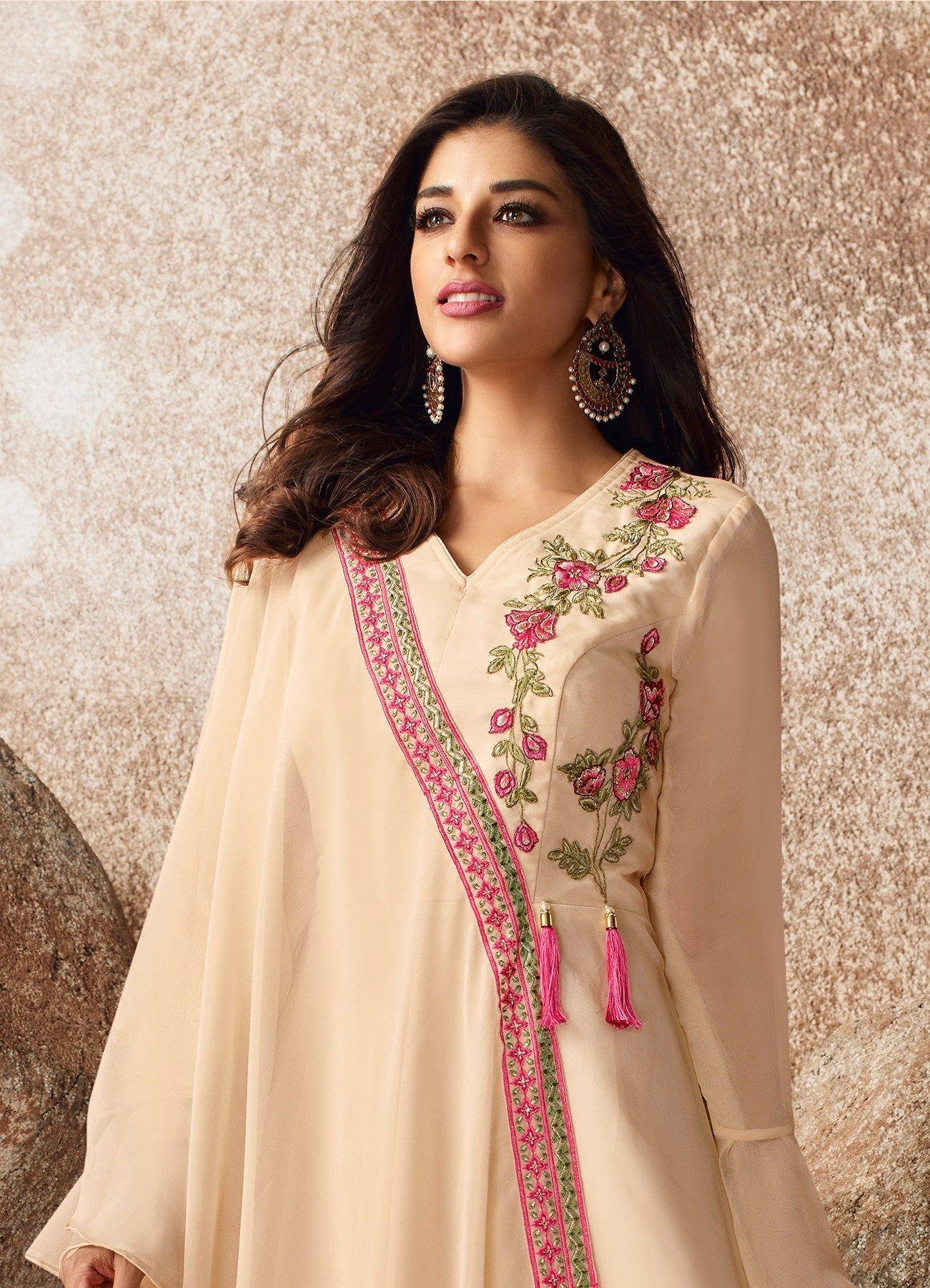 Fancy Cream Color Embroidered Work Georgette Gown