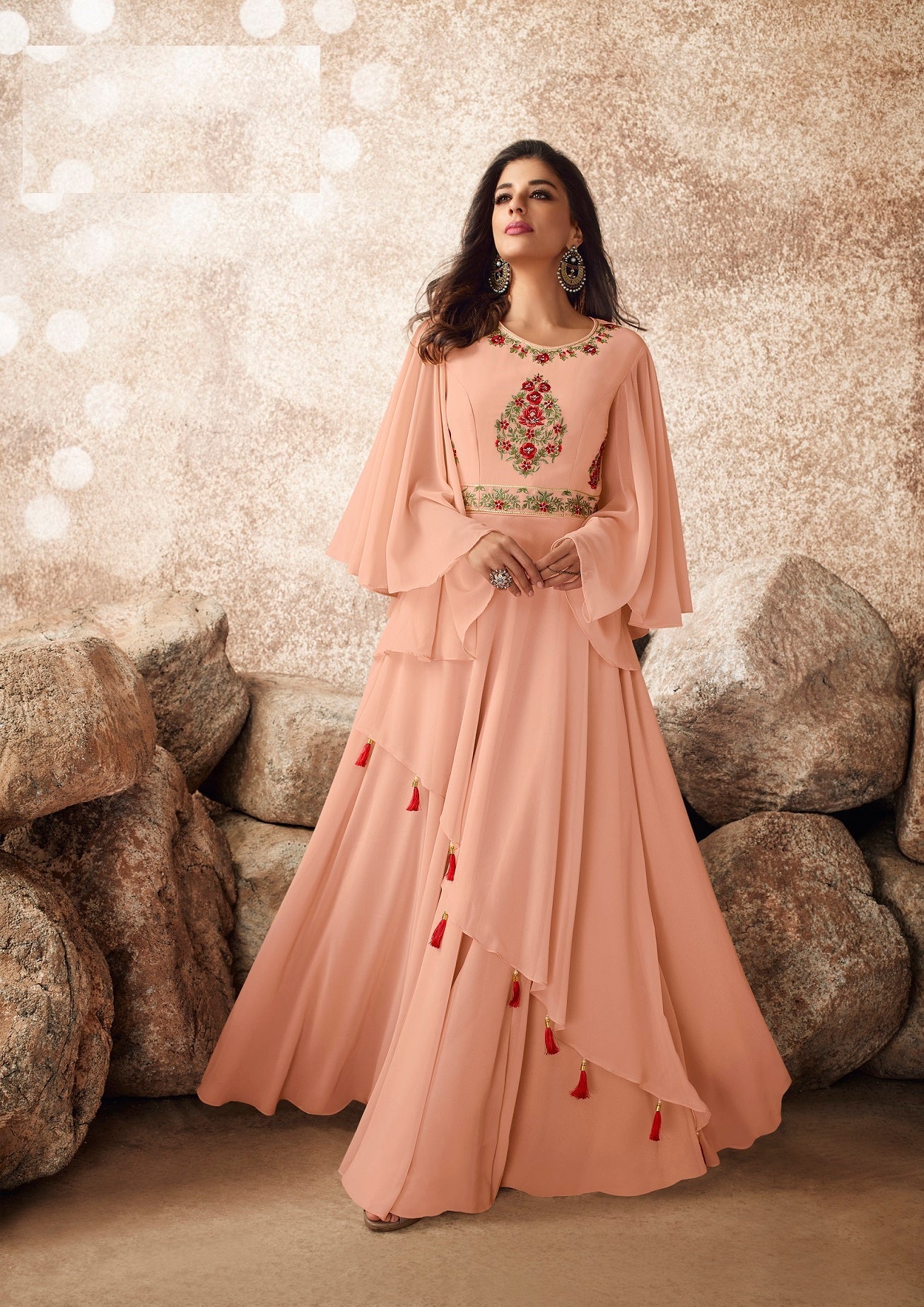 Fancy Peach Color Embroidered Work Georgette Gown