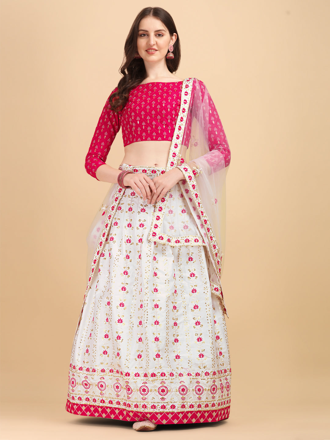 Fancy Pink And White Embroidery Work Lehenga Choli