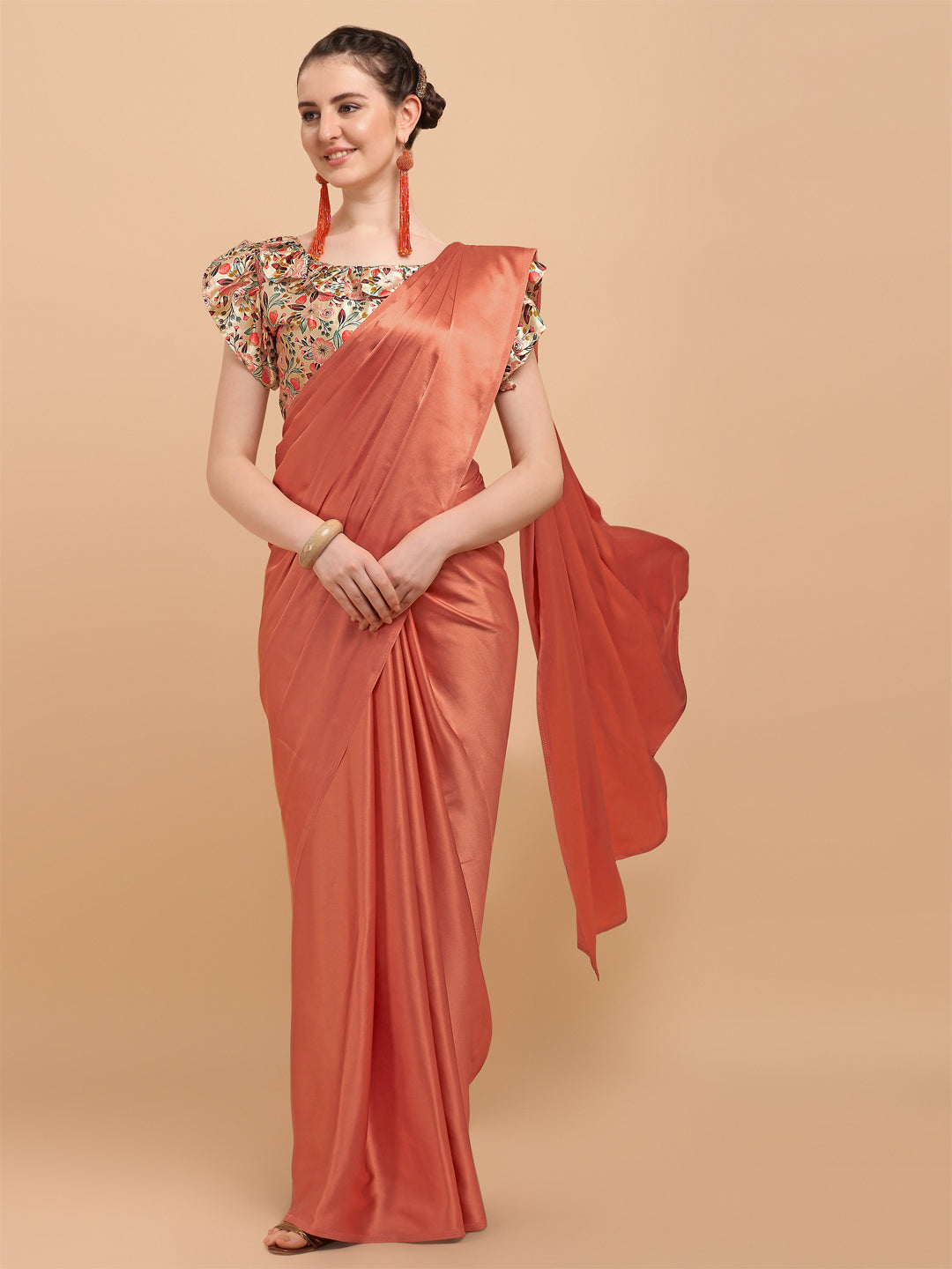 Awesome Tomato Color Silk Saree With Printed Blouse