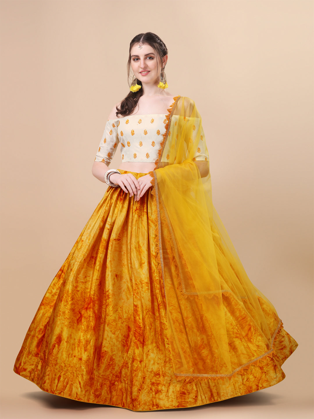 Digital Printed Yellow Color Silk Lehenga Choli
