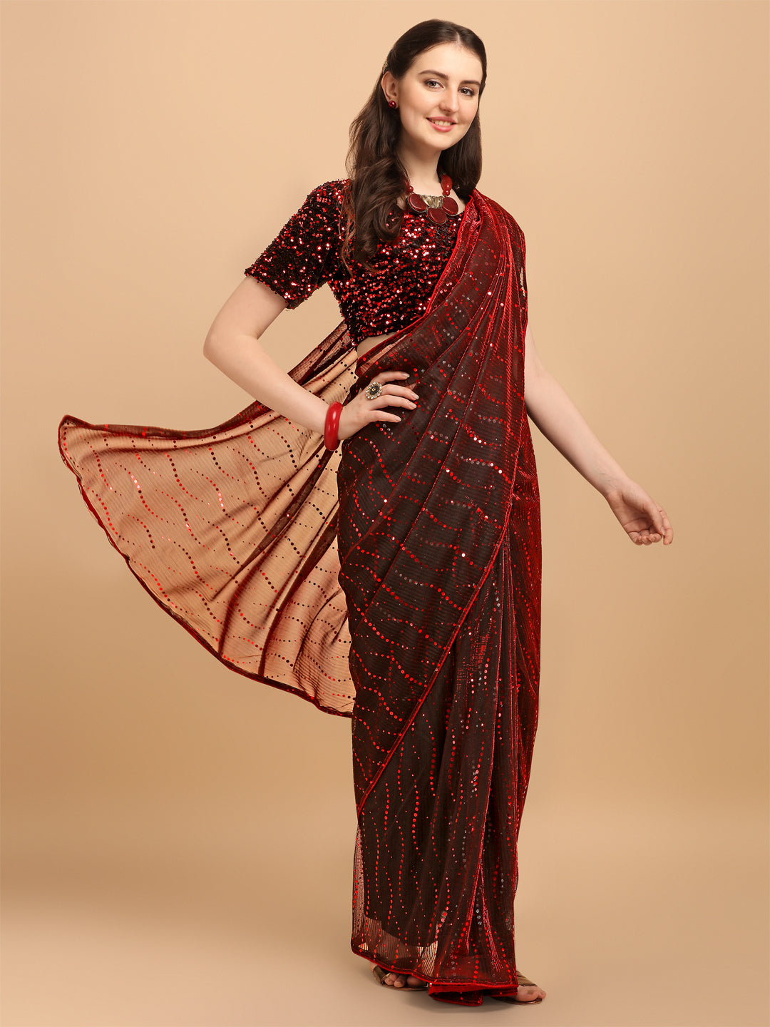 Opulent Red Net Saree With Sequences Blouse