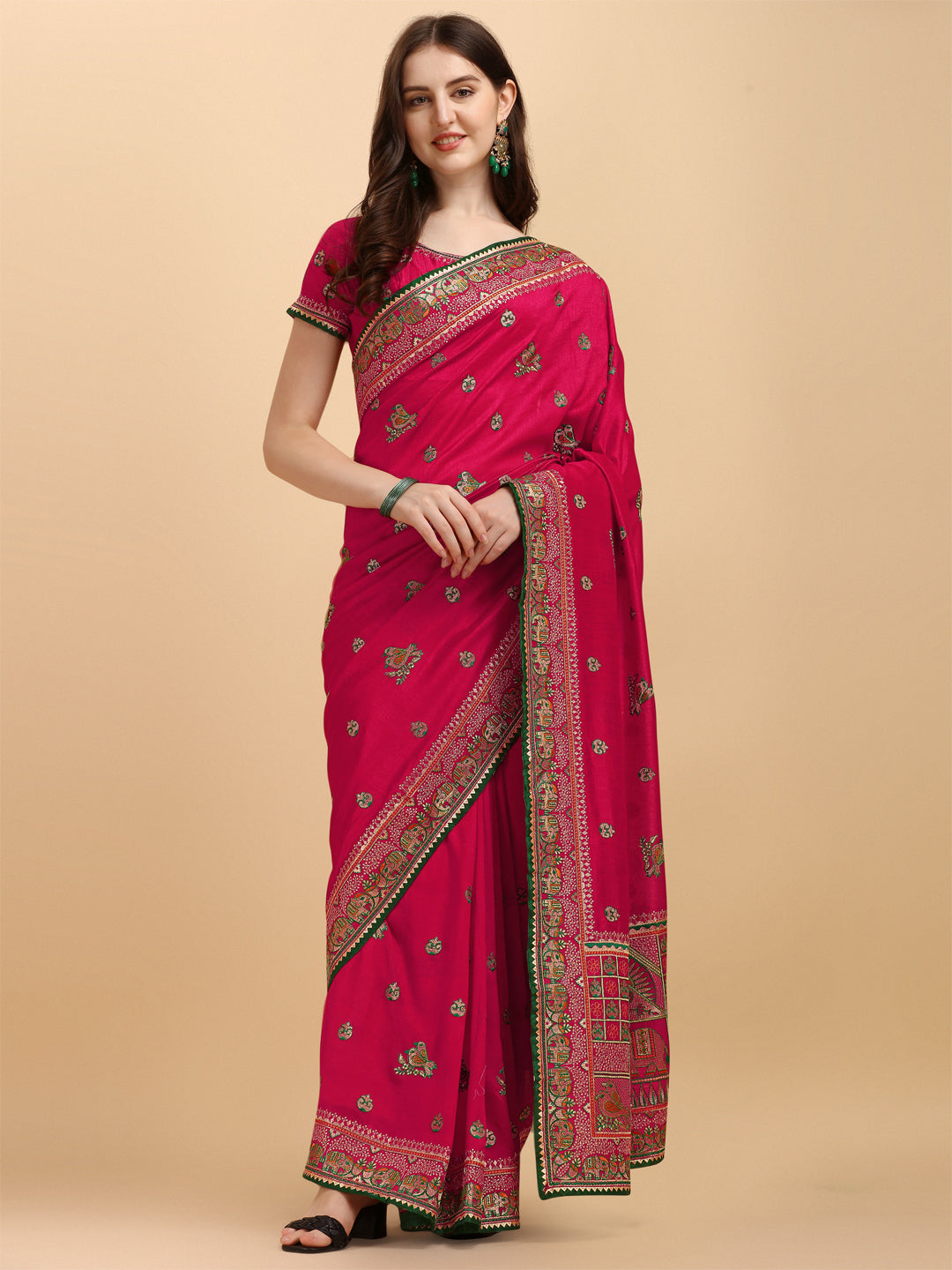 Party Wear Pink Color Embroidered Work Vichitra Silk Saree