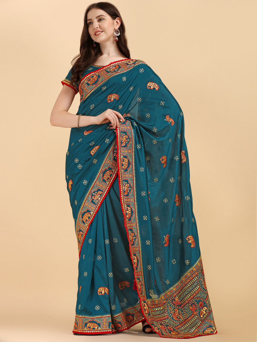 Party Wear Peacock Green Color Embroidered Work Vichitra Silk Saree