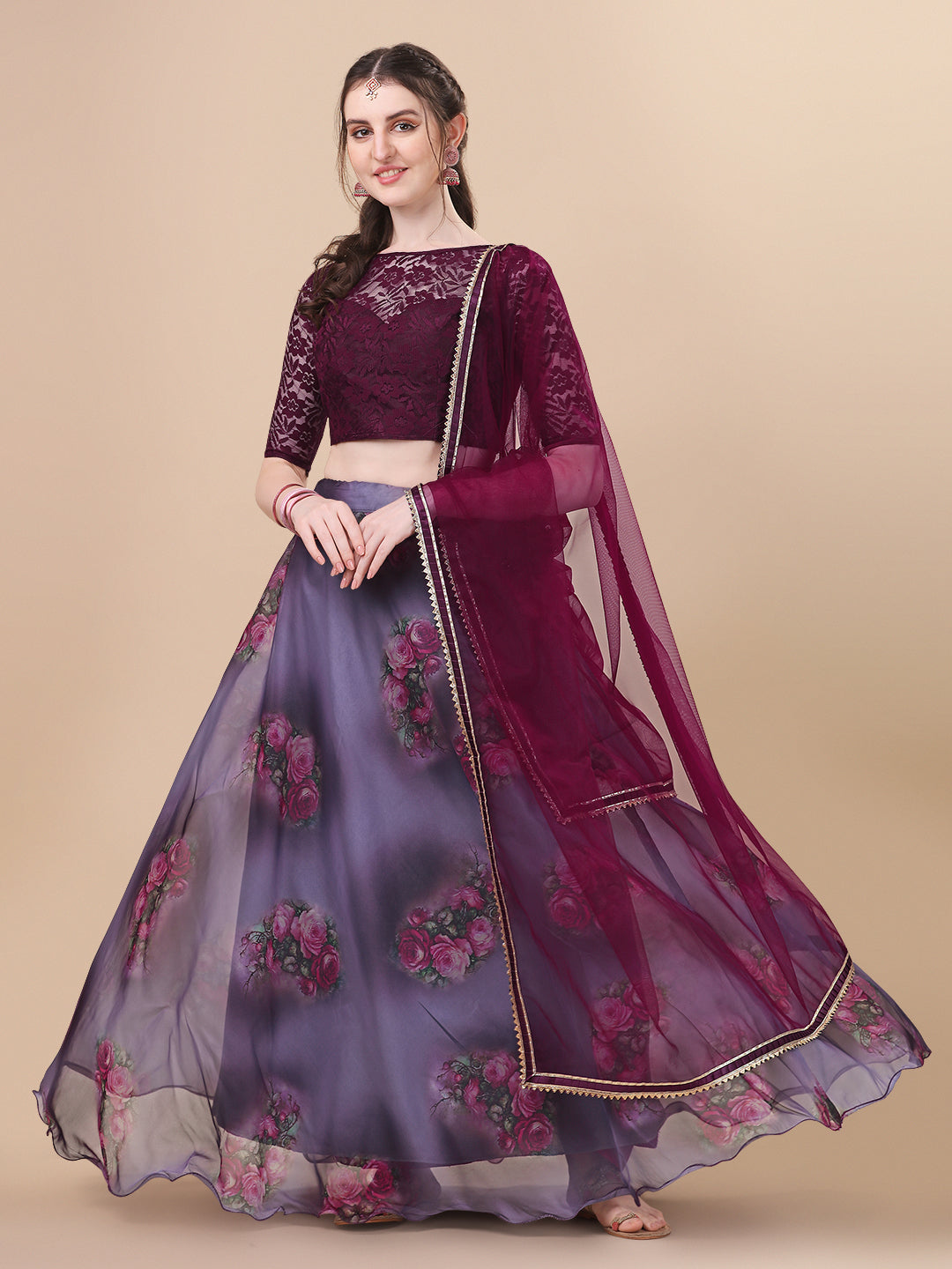 Digital Printed Purple Color Organza Lehenga Choli