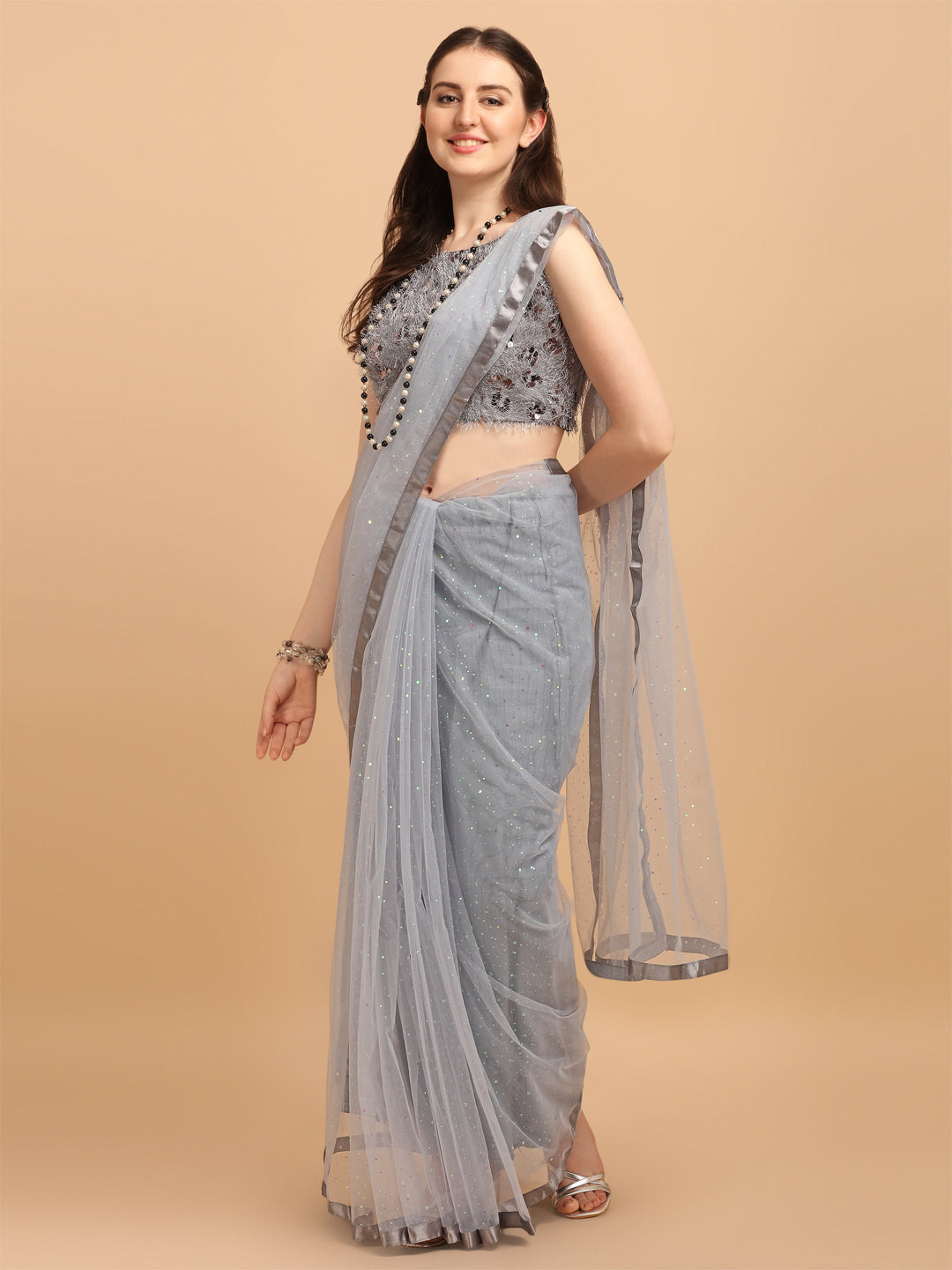 Grey Color Net Saree With Sequence Blouse