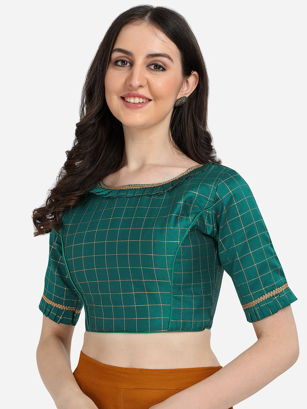 Checkered pattern Green Color Jacquard Work Checkered Pattern Blouse