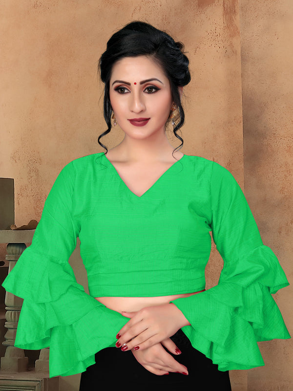 Awesome Green color Plain V Neck Stitched Silk Blouse