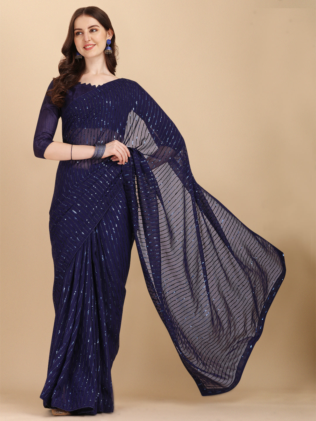 Party Wear Navy Blue Color Sequence Work Saree