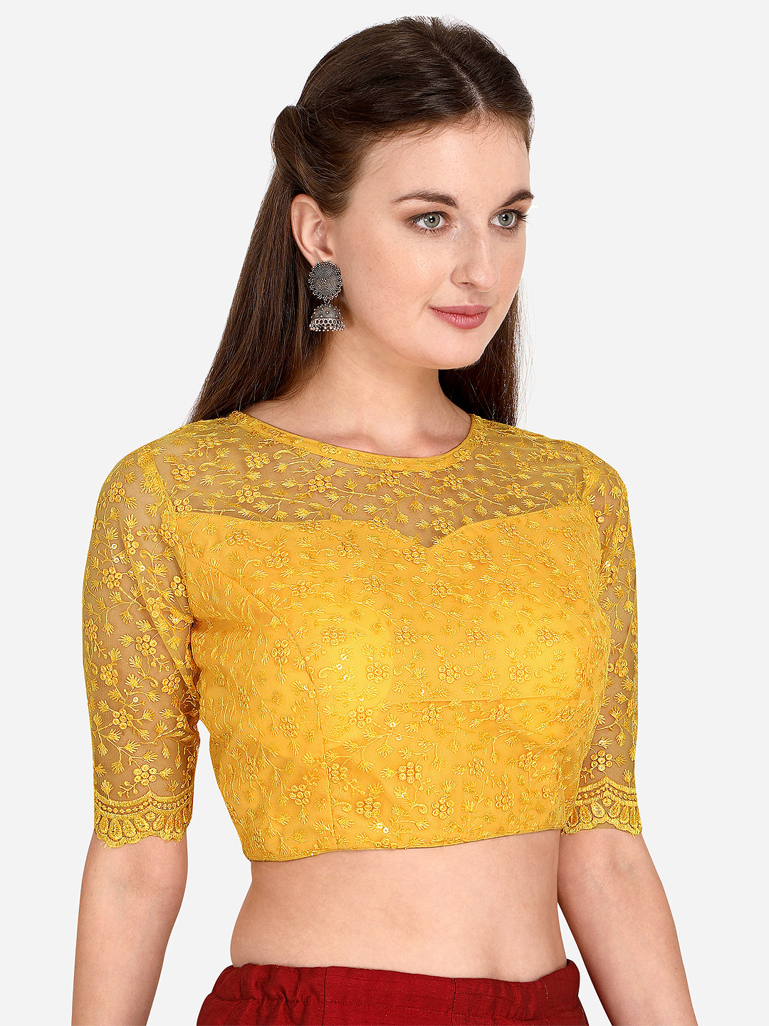 Beautiful Yellow Color Embroidered & Sequence Work Net Blouse