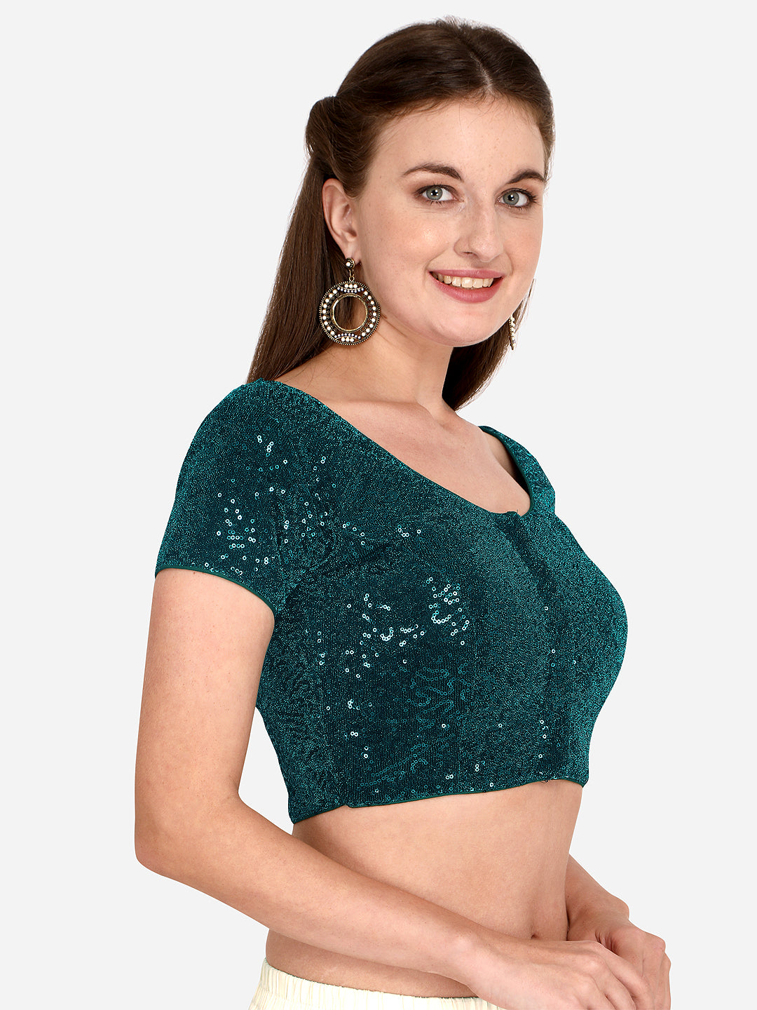 Classy Round Neck Sequence Work Green Color Net Blouse