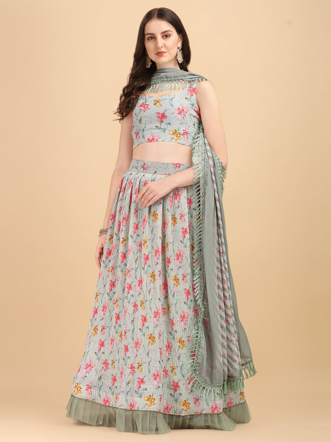 Pista Color Crochet Sequence Work Floral Printed Crushed Lehenga Choli