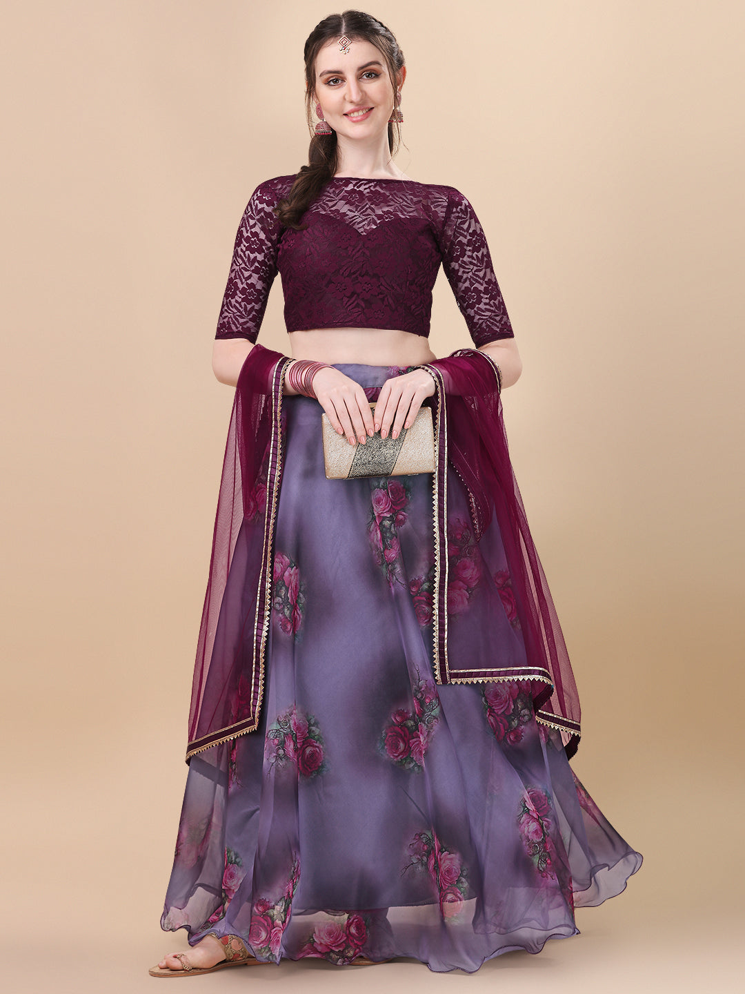 Digital Printed Purple Color Organza Lehenga Choli