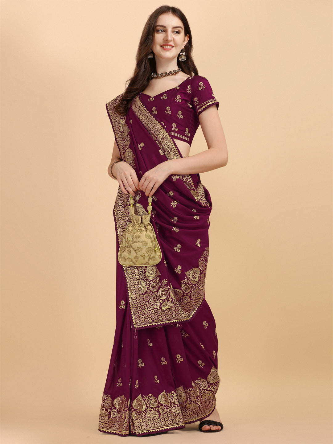 Party Wear Purple Color Embroidered Work Vichitra Silk Saree
