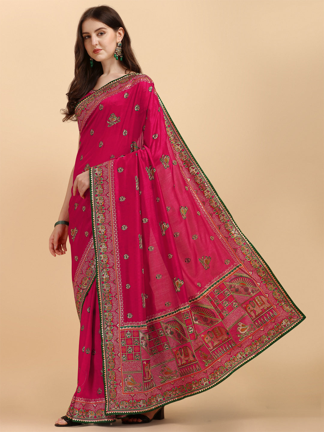 Party Wear Pink Color Embroidered Work Vichitra Silk Saree