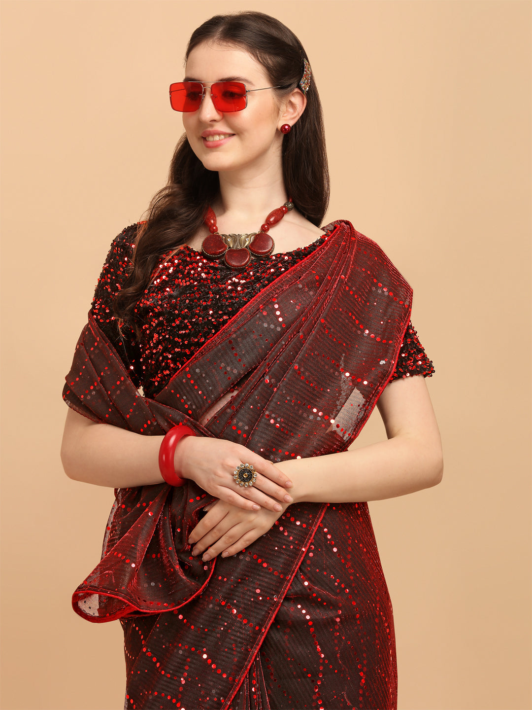 Opulent Red Net Saree With Sequences Blouse