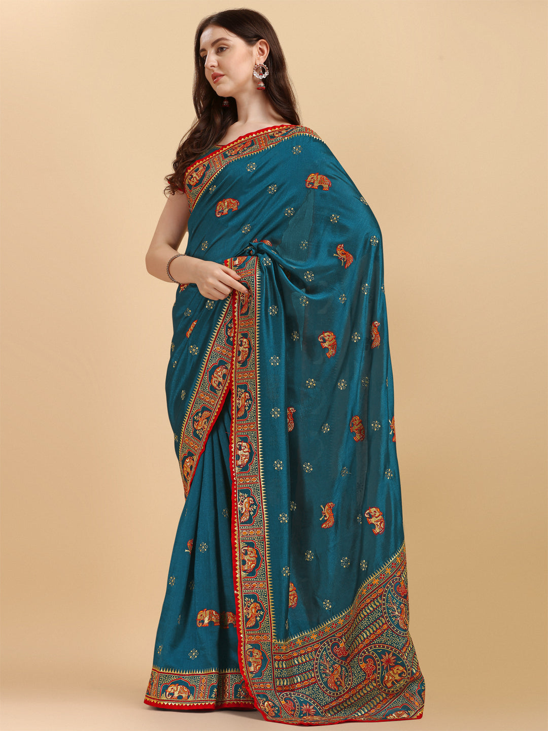 Party Wear Peacock Green Color Embroidered Work Vichitra Silk Saree