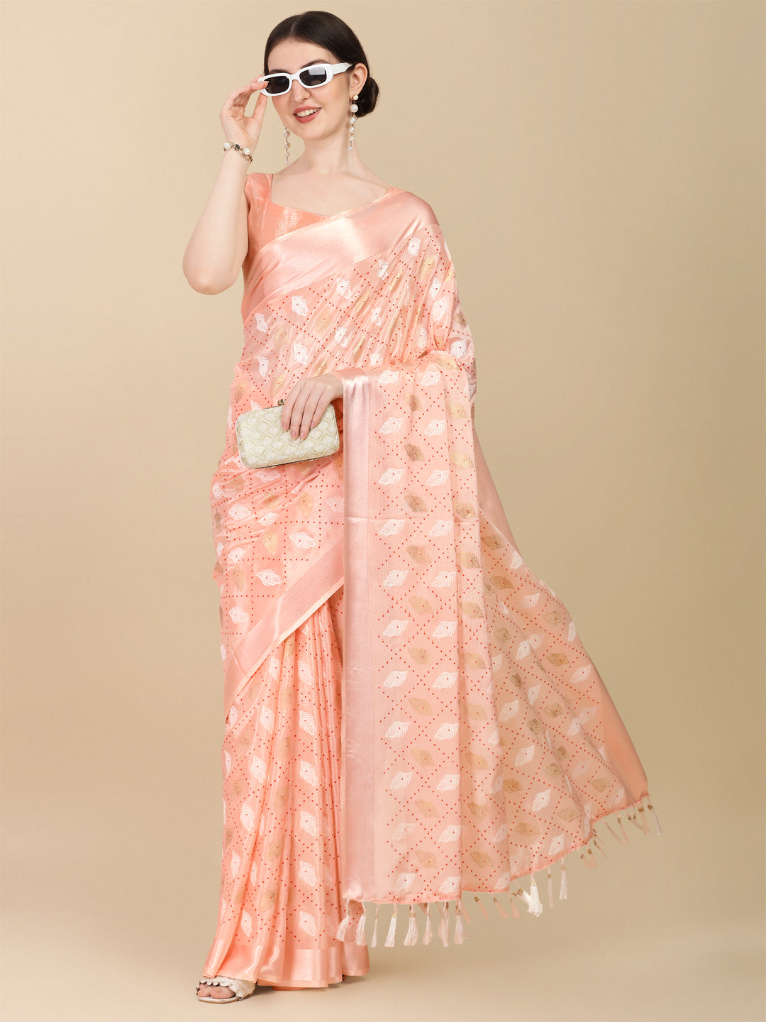 Designer Peach Color Foil Print Chinon Satin Saree