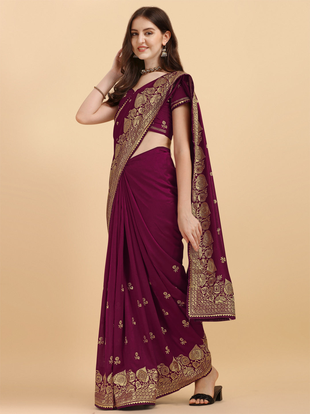 Party Wear Purple Color Embroidered Work Vichitra Silk Saree