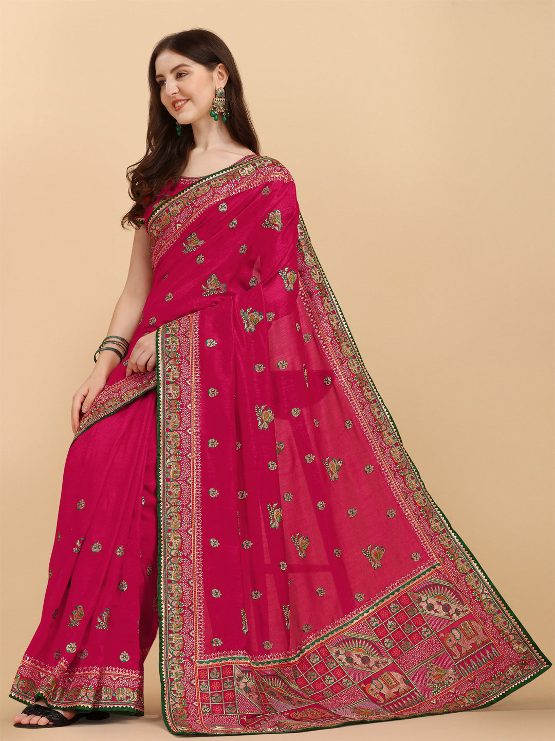 Party Wear Pink Color Embroidered Work Vichitra Silk Saree