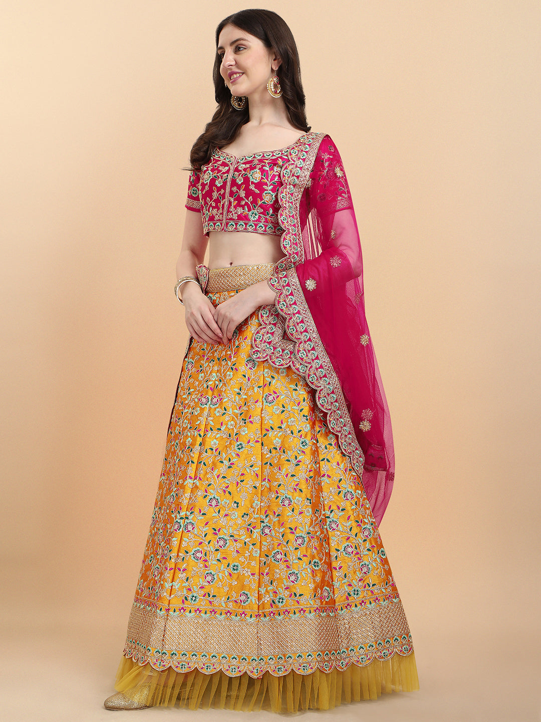 Pink With Yellow Color Sequence Embroidered Work Silk Lehenga Choli