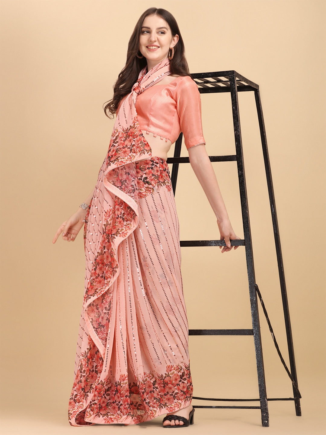 Peach Color Sequence Work Party Wear Saree