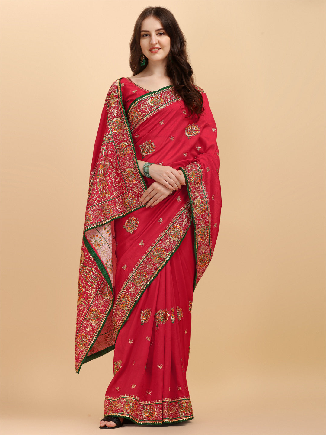 Party Wear Red Color Embroidered Work Vichitra Silk Saree