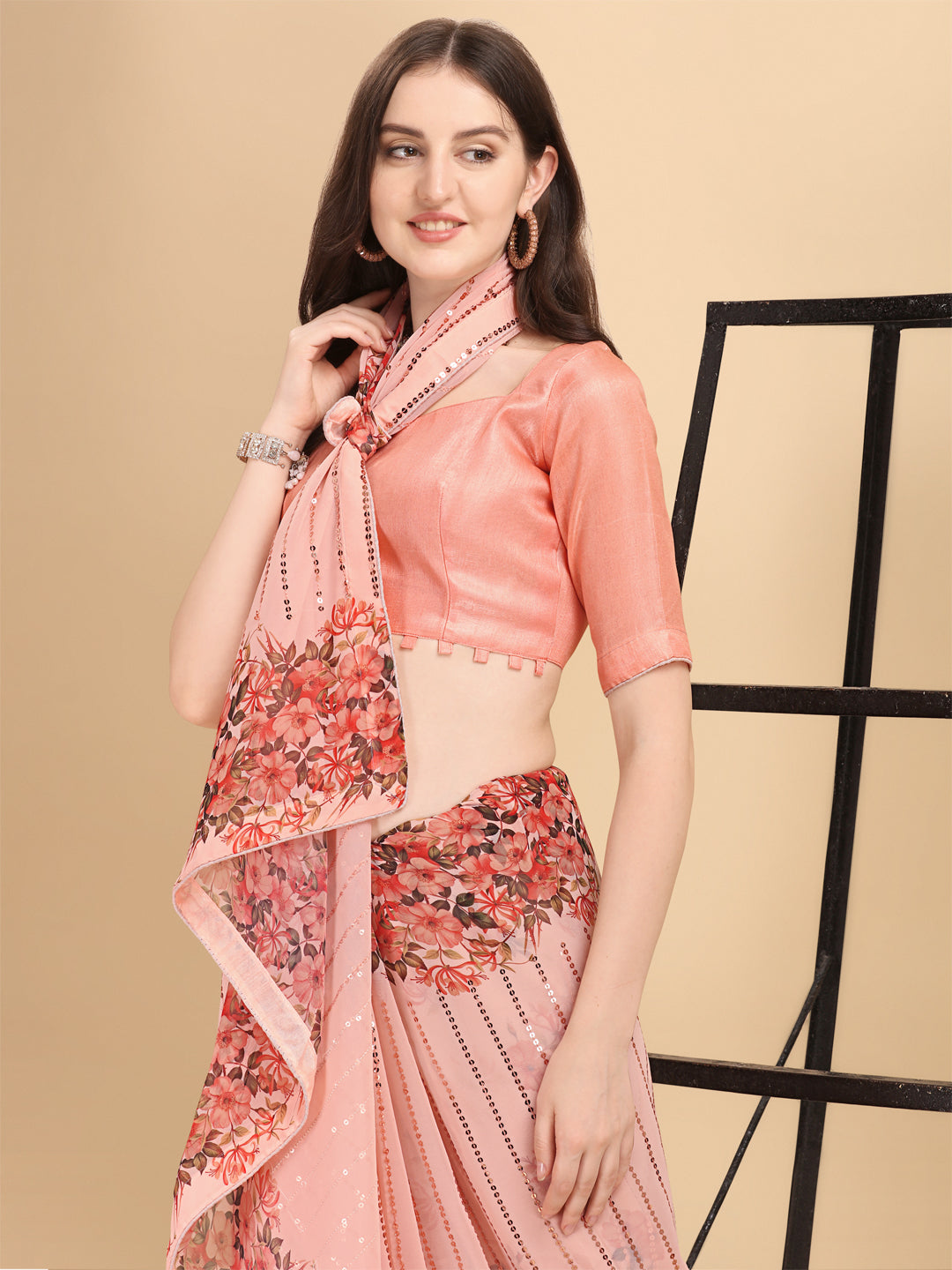Peach Color Sequence Work Party Wear Saree