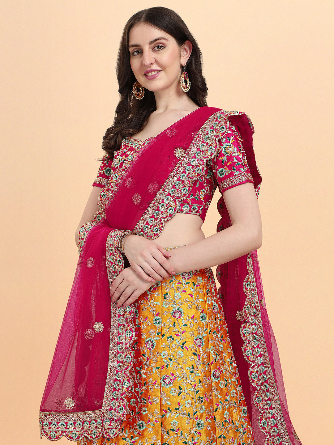 Pink With Yellow Color Sequence Embroidered Work Silk Lehenga Choli