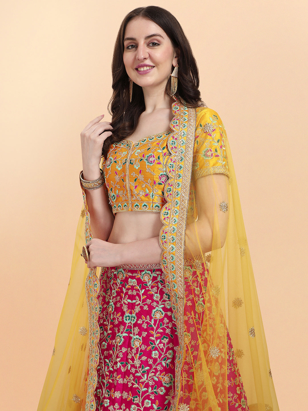 Yellow With Pink Color Sequence Embroidered Work Silk Lehenga Choli