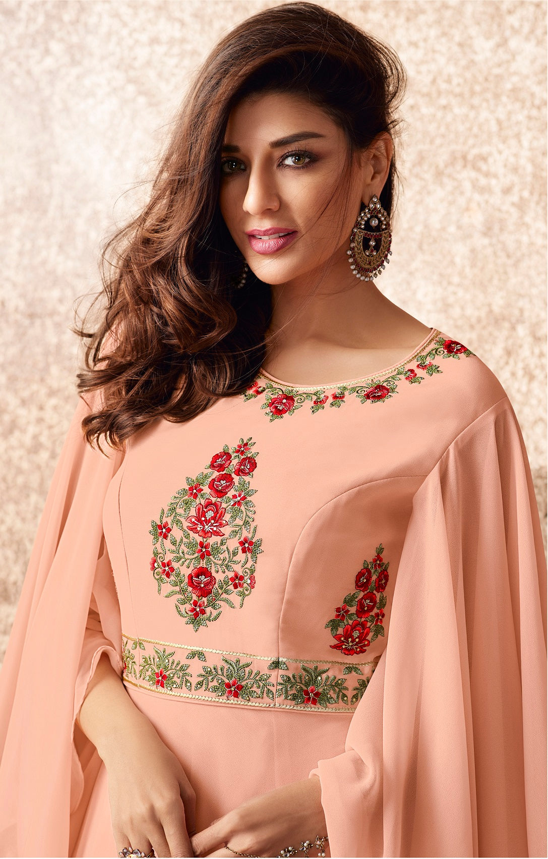 Fancy Peach Color Embroidered Work Georgette Gown