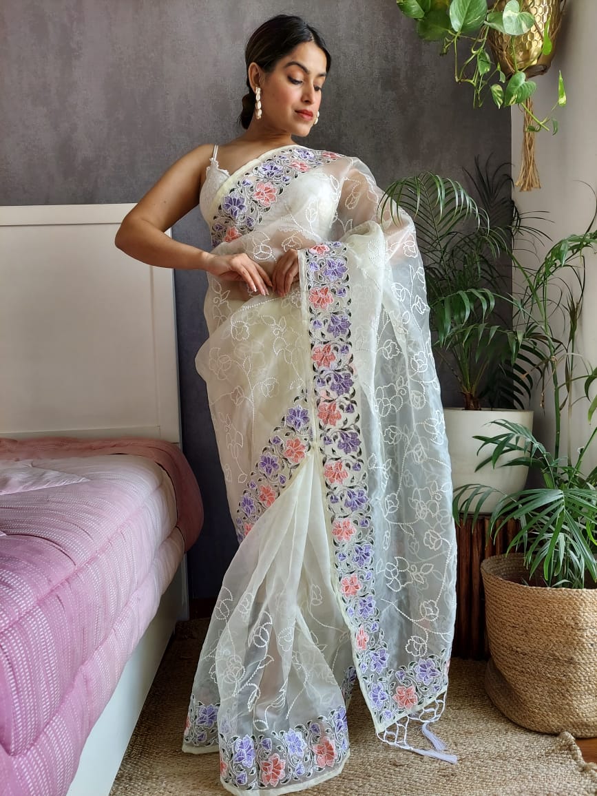 Off-white Color Embroidery Work Organza Saree